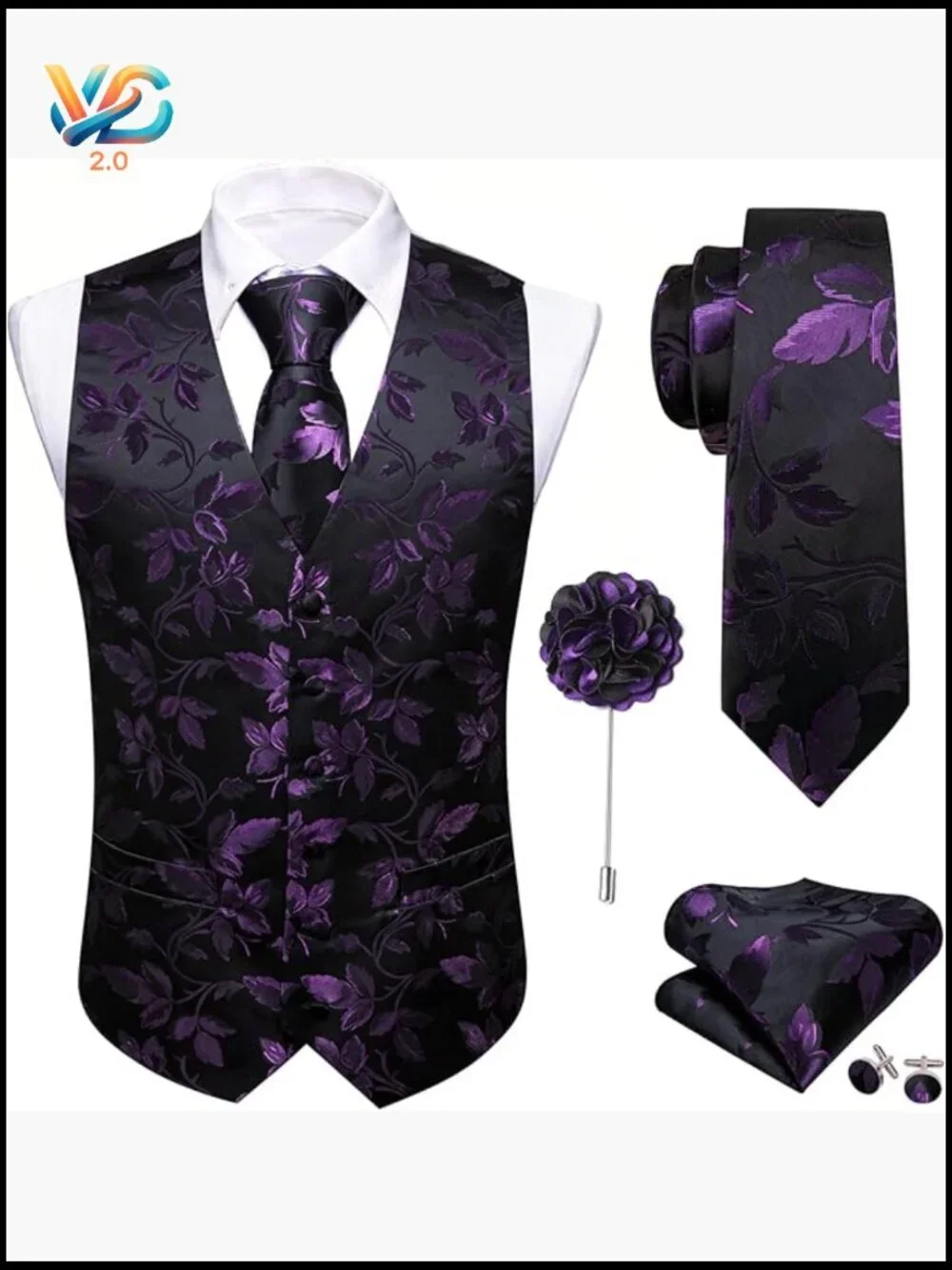 Men's Silk Vest & Tie Set with Cufflinks, Pocket Square, Tie Clip - 5 Piece
